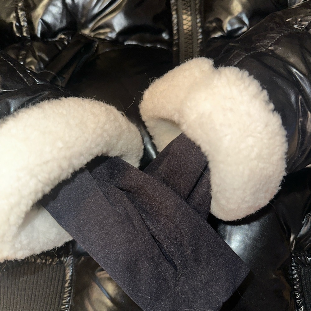 New SAM. Nikki Quilted Down Puffer Lamb Shearling Trim Glossy Black Coat Size S - Picture 8 of 16